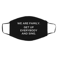 Load image into Gallery viewer, Cuomo Sapiens 3-ply protective face mask, in black, featuring white type that reads 'We are family. Get up everybody and sing.".'