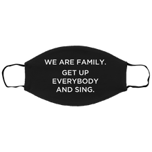 Load image into Gallery viewer, Cuomo Sapiens 3-ply protective face mask, in black, featuring white type that reads 'We are family. Get up everybody and sing.".'