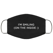 Load image into Gallery viewer, Cuomo Sapiens 2-ply protective face mask, in black, featuring white type that reads 'I'm smiling on the inside.'