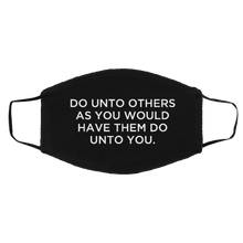 Load image into Gallery viewer, Cuomo Sapiens 3-ply protective face mask, in black, featuring white type that reads 'Do Unto Others As You Would Have Them Do Unto You.'
