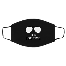Load image into Gallery viewer, Cuomo Sapiens 2-ply protective face mask, in black, featuring a white graphic of Biden-esque aviator sunglasses and white type that reads 'It's Joe Time.'
