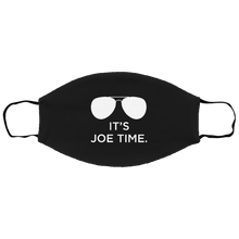 Load image into Gallery viewer, Cuomo Sapiens 2-ply protective face mask, in black, featuring a white graphic of Biden-esque aviator sunglasses and white type that reads 'It's Joe Time.'