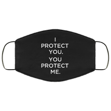 Load image into Gallery viewer, Cuomo Sapiens 2-ply protective face mask, in black, featuring white type that reads 'I protect you. You protect me.'