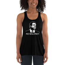 Load image into Gallery viewer, Woman wearing a black flowy racerback style tank top, featuring the Cuomo Sapiens NO BALONEY graphic in white.