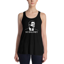 Load image into Gallery viewer, Woman wearing a black flowy racerback style tank top, featuring the Cuomo Sapiens NO BALONEY graphic in white.