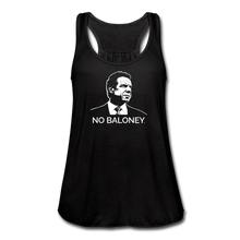 Load image into Gallery viewer, A women’s flowy, racerback style tank top, in black, on a transparent body form, featuring the Cuomo Sapiens NO BALONEY graphic in white.