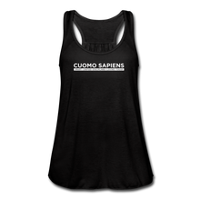 Load image into Gallery viewer, A women’s flowy, racerback style tank top, in black, on a transparent body form, featuring the Cuomo Sapiens S.U.D.L.T. graphic in white.