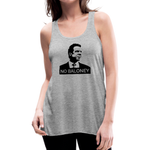 Load image into Gallery viewer, Woman wearing a heather grey colored flowy racerback style tank top, featuring the Cuomo Sapiens NO BALONEY graphic in black.