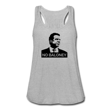 Load image into Gallery viewer, A women’s flowy, racerback style tank top, in heather grey, on a transparent body form, featuring the Cuomo Sapiens NO BALONEY graphic in black.