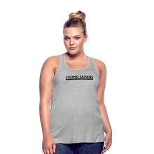 Load image into Gallery viewer, A curvy woman wearing a heather grey flowy racerback style tank top, featuring the Cuomo Sapiens S.U.D.L.T. graphic in black.