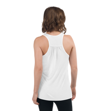Load image into Gallery viewer, Back-view of a woman wearing a white flowy racerback style Cuomo Sapiens tank top.