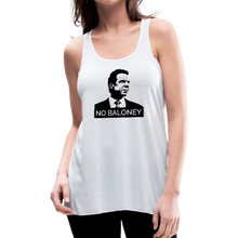 Load image into Gallery viewer, Woman wearing a white flowy racerback style tank top, featuring the Cuomo Sapiens NO BALONEY graphic in black.