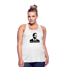 Load image into Gallery viewer, A curvy woman wearing a white flowy racerback style tank top, featuring the Cuomo Sapiens NO BALONEY graphic in black.