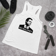 Load image into Gallery viewer, A women’s flowy, racerback style tank top, in white, lying flat on the floor with some exercise equipment, featuring the Cuomo Sapiens NO BALONEY graphic in black.