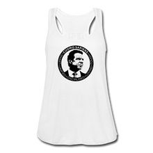 Load image into Gallery viewer, A women’s flowy, racerback style tank top, in white, on a transparent body form, featuring the Cuomo Sapiens S.U.D.L.T. SEAL graphic in black.