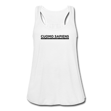 Load image into Gallery viewer, A women’s flowy, racerback style tank top, in white, on a transparent body form, featuring the Cuomo Sapiens S.U.D.L.T. graphic in black.