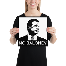 Load image into Gallery viewer, Woman holding small 12"x12" square black and white Cuomo Sapiens No Baloney matte paper poster