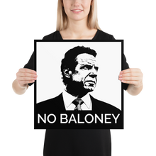 Load image into Gallery viewer, Woman holding medium 16"x16" square black and white Cuomo Sapiens No Baloney matte paper poster
