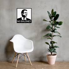 Load image into Gallery viewer, Large 18"x18" square black and white Cuomo Sapiens No Baloney matte paper poster hanging on wall above chair and potted plant.