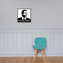 Load image into Gallery viewer, Large 18"x18" square black and white Cuomo Sapiens No Baloney matte paper poster hanging on grey wall above teal chair
