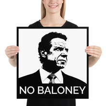 Load image into Gallery viewer, Woman holding large 18"x18" square black and white Cuomo Sapiens No Baloney matte paper poster
