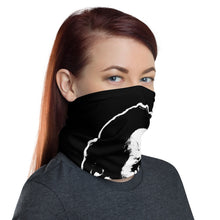 Load image into Gallery viewer, Right side-view of a woman wearing a black neck gaiter in the classic face-covering configuration, featuring the Cuomo Sapiens NO BALONEY graphic in white.