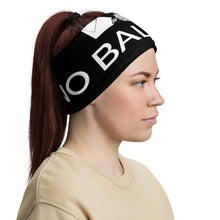 Load image into Gallery viewer, Right side-view of a woman wearing a black neck gaiter in the headband configuration, featuring the Cuomo Sapiens NO BALONEY graphic in white.
