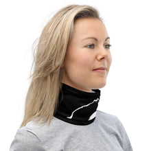 Load image into Gallery viewer, Right side-view of a woman wearing a black neck gaiter in the turtle-neck configuration, featuring the Cuomo Sapiens NO BALONEY graphic in white.