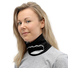 Load image into Gallery viewer, Left side-view of a woman wearing a black neck gaiter in the turtle-neck configuration, featuring the Cuomo Sapiens NO BALONEY graphic in white.