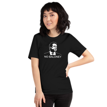 Load image into Gallery viewer, Woman wearing a black unisex t-shirt, featuring the Cuomo Sapiens NO BALONEY graphic in white.