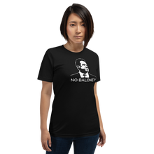 Load image into Gallery viewer, Woman wearing a black unisex t-shirt, featuring the Cuomo Sapiens NO BALONEY graphic in white.