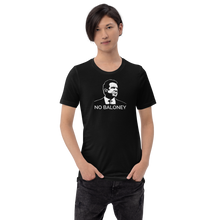 Load image into Gallery viewer, Man wearing a black unisex t-shirt, featuring the Cuomo Sapiens NO BALONEY graphic in white.