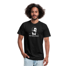 Load image into Gallery viewer, Man wearing a black unisex t-shirt, featuring the Cuomo Sapiens NO BALONEY graphic in white.