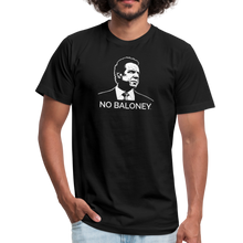 Load image into Gallery viewer, Man wearing a black unisex t-shirt, featuring the Cuomo Sapiens NO BALONEY graphic in white.
