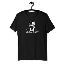 Load image into Gallery viewer, A black unisex t-shirt on a hangar, featuring the Cuomo Sapiens NO BALONEY graphic in white.