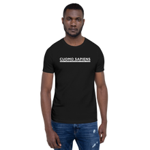Load image into Gallery viewer, Man wearing a black unisex t-shirt, featuring the Cuomo Sapiens S.U.D.L.T. graphic in white.