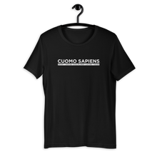 Load image into Gallery viewer, A black unisex t-shirt on a hangar, featuring the Cuomo Sapiens S.U.D.L.T. graphic in white.
