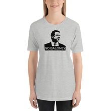 Load image into Gallery viewer, Woman wearing a heather grey unisex t-shirt, featuring the Cuomo Sapiens NO BALONEY graphic in black.