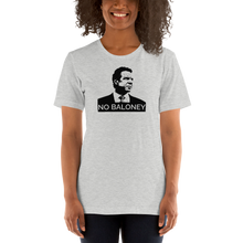 Load image into Gallery viewer, Woman wearing a heather grey unisex t-shirt, featuring the Cuomo Sapiens NO BALONEY graphic in black.