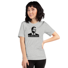 Load image into Gallery viewer, Woman wearing a heather grey unisex t-shirt, featuring the Cuomo Sapiens NO BALONEY graphic in black.