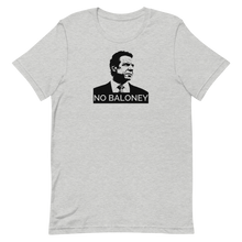 Load image into Gallery viewer, A heather grey unisex t-shirt lying wrinkled on a flat surface, featuring the Cuomo Sapiens NO BALONEY graphic in black.