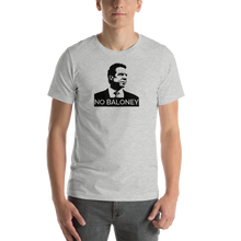 Load image into Gallery viewer, Man wearing a heather grey unisex t-shirt, featuring the Cuomo Sapiens NO BALONEY graphic in black.