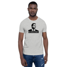 Load image into Gallery viewer, Man wearing a heather grey unisex t-shirt, featuring the Cuomo Sapiens NO BALONEY graphic in black.