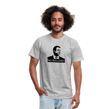 Load image into Gallery viewer, Man wearing a heather grey unisex t-shirt, featuring the Cuomo Sapiens NO BALONEY graphic in black.