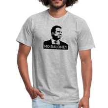 Load image into Gallery viewer, Man wearing a heather grey unisex t-shirt, featuring the Cuomo Sapiens NO BALONEY graphic in black.