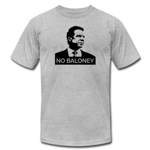 Load image into Gallery viewer, A heather grey unisex t-shirt on a transparent body form, featuring the Cuomo Sapiens NO BALONEY graphic in black.