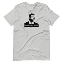 Load image into Gallery viewer, A heather grey unisex t-shirt lying wrinkled on a flat surface, featuring the Cuomo Sapiens NO BALONEY graphic in black.