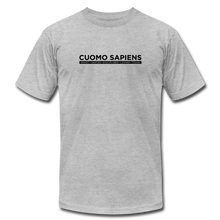 Load image into Gallery viewer, A heather grey unisex t-shirt on a transparent body form, featuring the Cuomo Sapiens S.U.D.L.T. graphic in black.