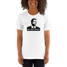 Load image into Gallery viewer, Woman wearing a white unisex t-shirt, featuring the Cuomo Sapiens NO BALONEY graphic in black.