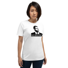 Load image into Gallery viewer, Woman wearing a white unisex t-shirt, featuring the Cuomo Sapiens NO BALONEY graphic in black.